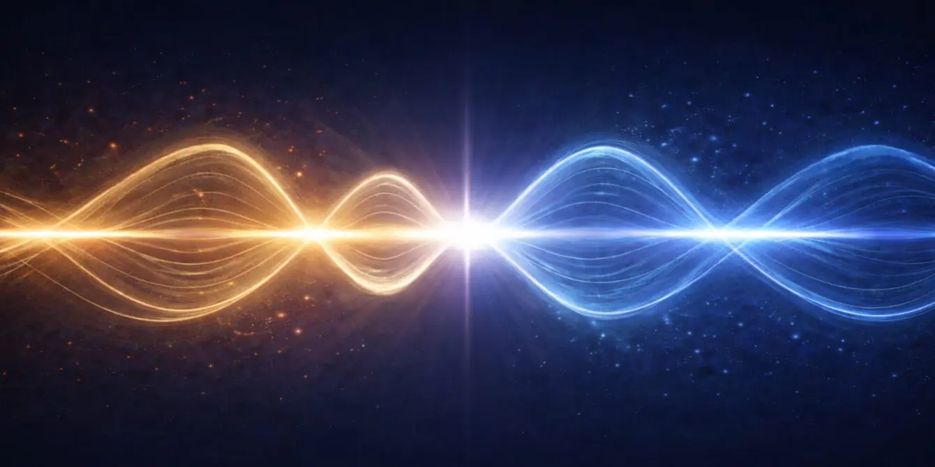 Abstract cosmic waves of orange and blue light converging at a bright central point against a dark space background.